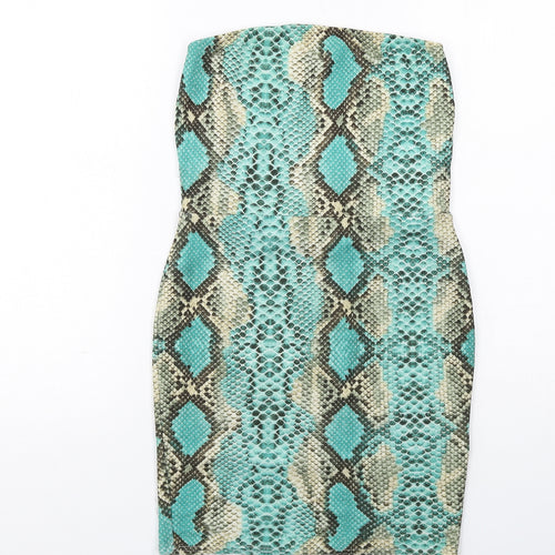 PRETTYLITTLETHING Womens Green Animal Print Polyester Mini Size 10 Square Neck Pullover - Snake Print Strapless