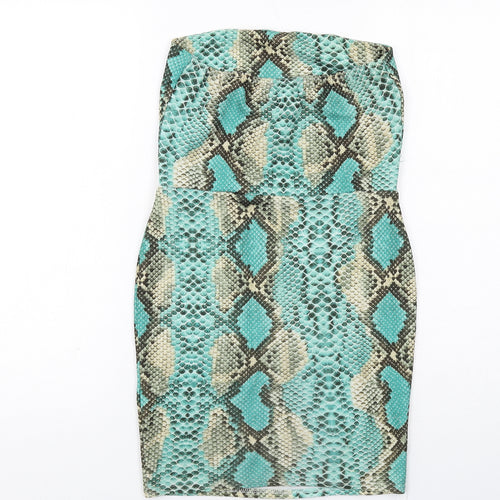 PRETTYLITTLETHING Womens Green Animal Print Polyester Mini Size 10 Square Neck Pullover - Snake Print Strapless