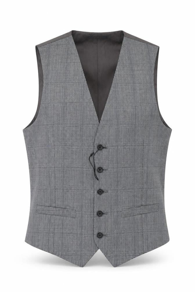 Front view of Marks & Spencer men’s grey plaid wool jacket suit waistcoat, size 36, regular