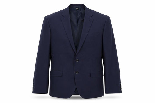 Front view of Marks & Spencer men’s blue striped polyester jacket suit jacket, size 42, regular