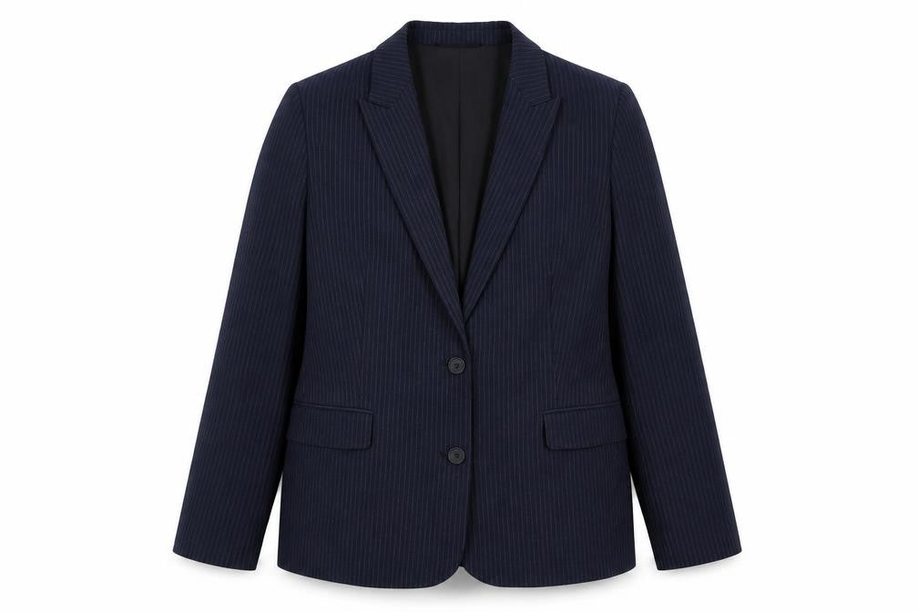 Front view of Marks & Spencer women’s blue pinstripe polyester jacket suit jacket, size UK 18