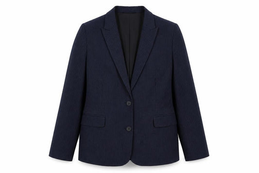 Front view of Marks & Spencer women’s blue pinstripe polyester jacket suit jacket, size UK 18