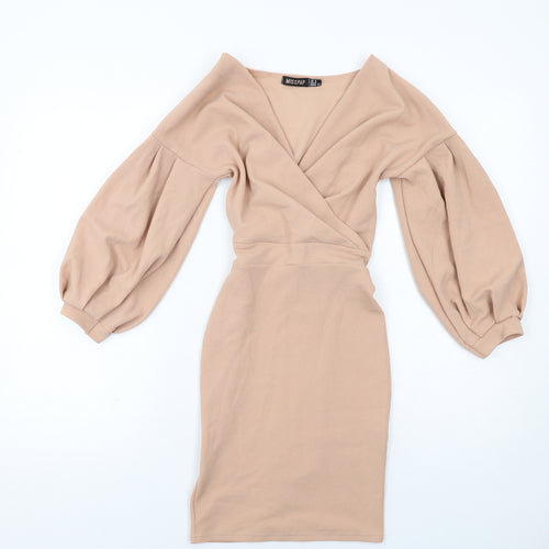 Misspap Womens Beige Polyester Pencil Dress Size 6 V-Neck Pullover - Voluminous Sleeves