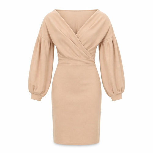 Misspap Womens Beige Polyester Pencil Dress Size 6 V-Neck Pullover - Voluminous Sleeves
