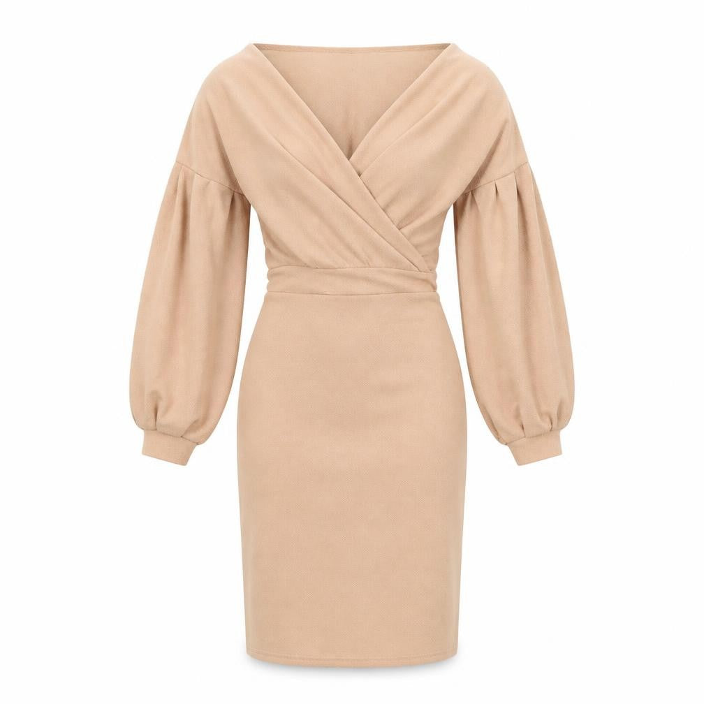 Misspap Womens Beige Polyester Pencil Dress Size 6 V-Neck Pullover - Voluminous Sleeves