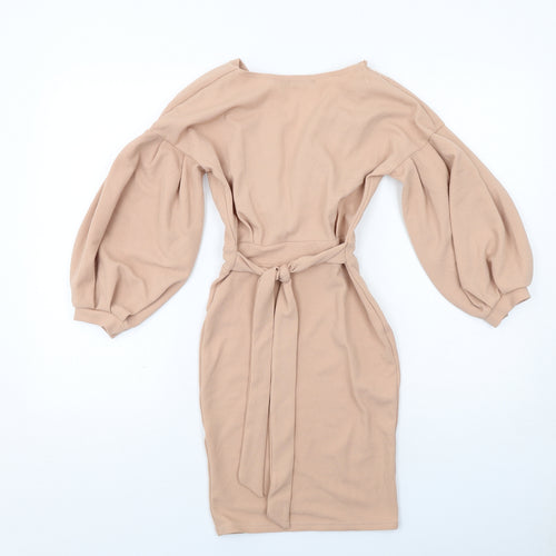 Misspap Womens Beige Polyester Pencil Dress Size 6 V-Neck Pullover - Voluminous Sleeves