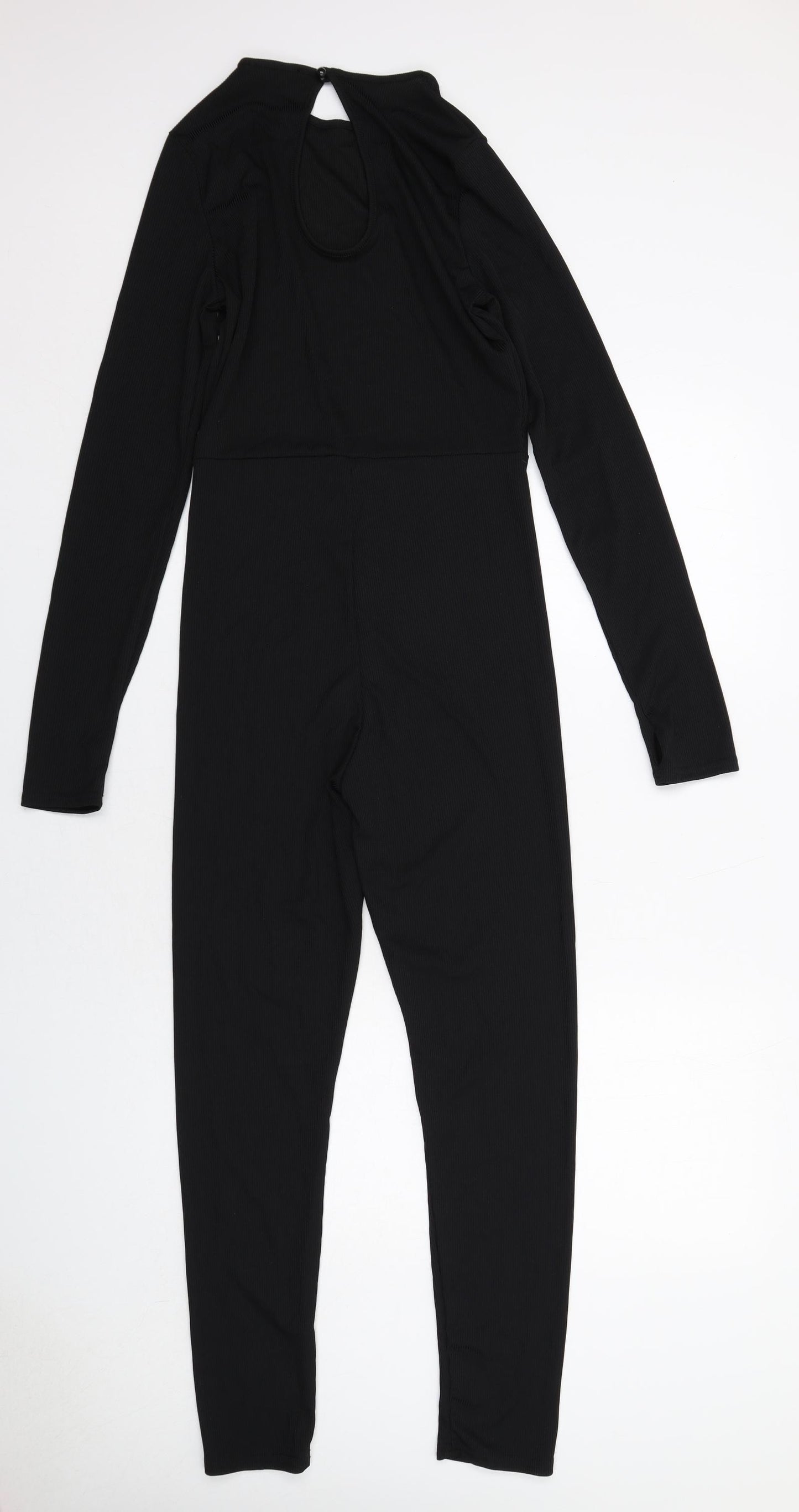 PRETTYLITTLETHING Womens Black Polyester Jumpsuit One-Piece Size 12 Button - Ribbed