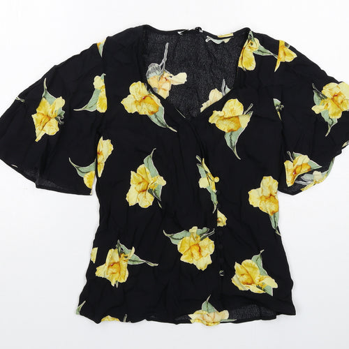 Warehouse Womens Black Floral Viscose Basic Blouse Size 6 V-Neck