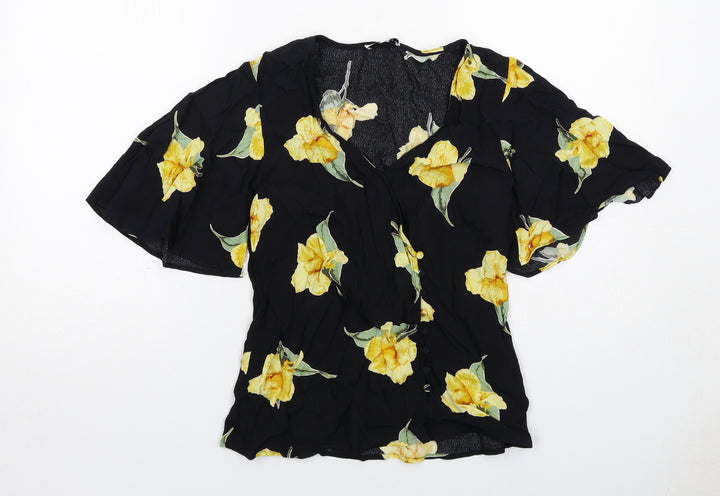 Warehouse Womens Black Floral Viscose Basic Blouse Size 6 V-Neck