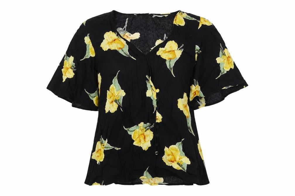 Front view of Warehouse women’s black floral viscose basic blouse, size UK 6, v-neck