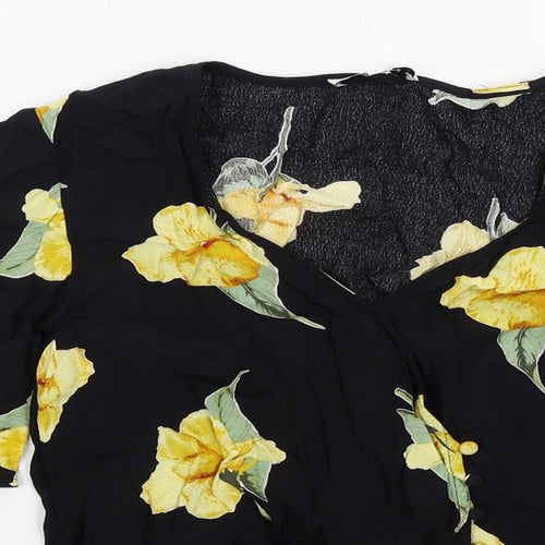 Warehouse Womens Black Floral Viscose Basic Blouse Size 6 V-Neck