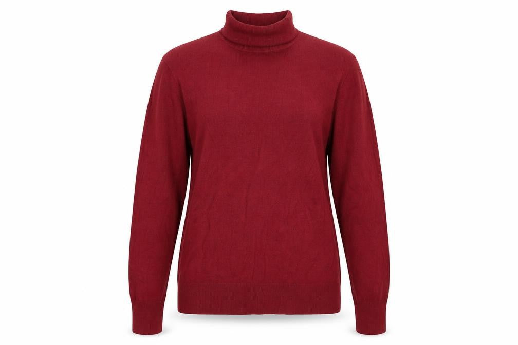 Front view of St Bernard women’s red roll neck viscose jumper, size L