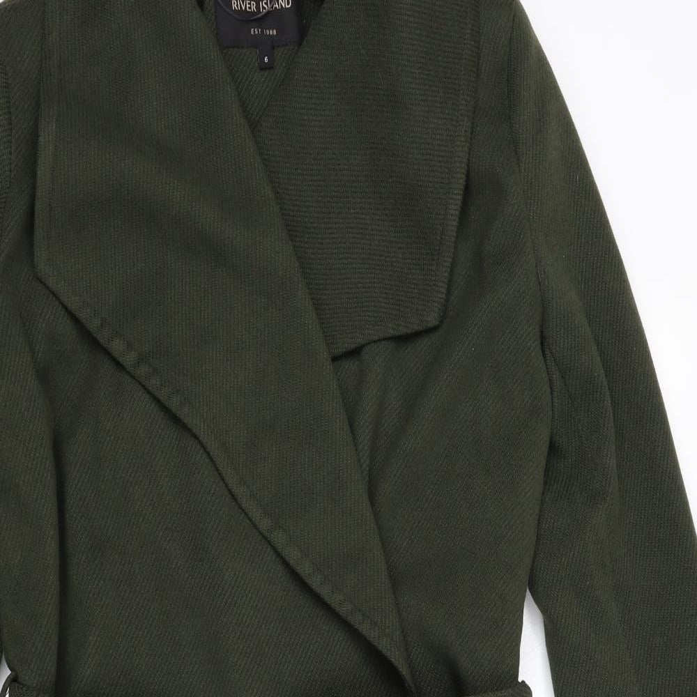River Island Womens Green Overcoat Coat Size 6 Tie