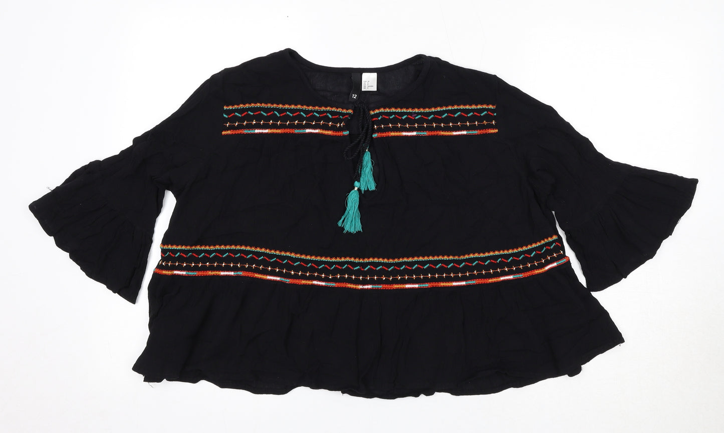 Divided by H&M Womens Black Geometric Viscose Basic Blouse Size 12 Round Neck