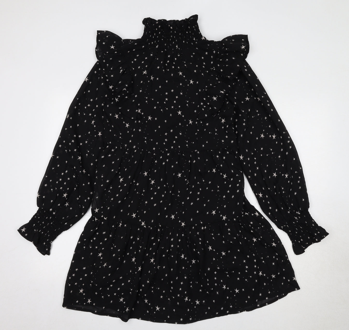 Boohoo Womens Black Geometric Polyester A-Line Size 10 Mock Neck Pullover - Star Print