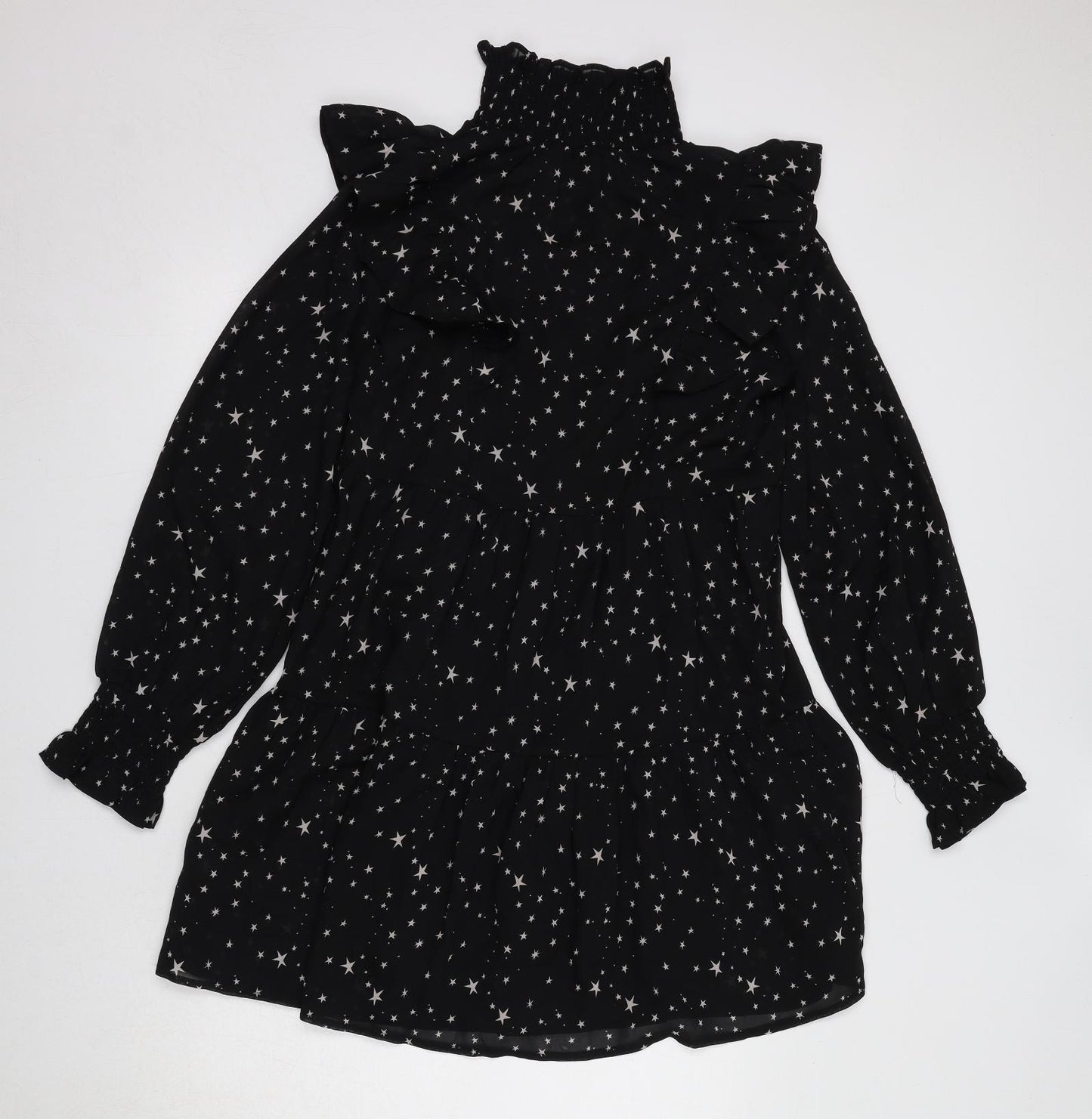 Boohoo Womens Black Geometric Polyester A-Line Size 10 Mock Neck Pullover - Star Print