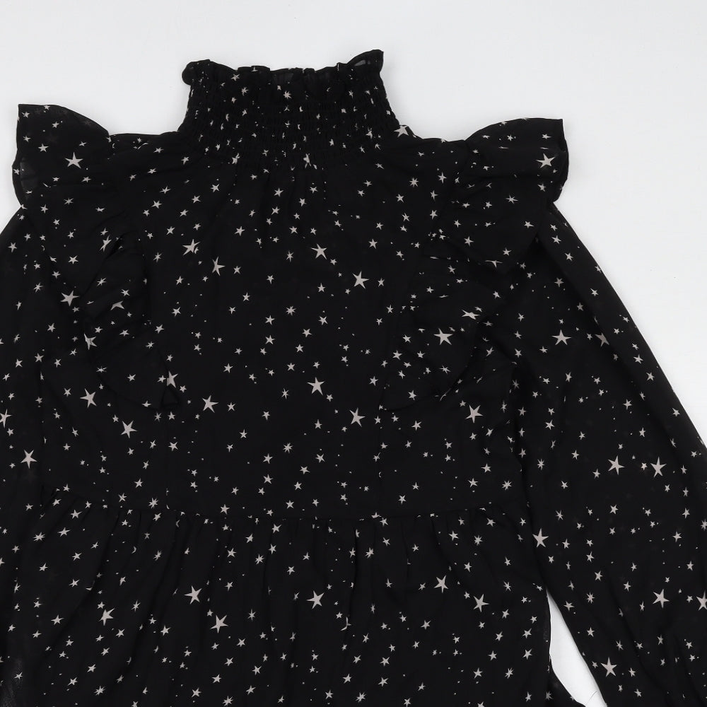 Boohoo Womens Black Geometric Polyester A-Line Size 10 Mock Neck Pullover - Star Print