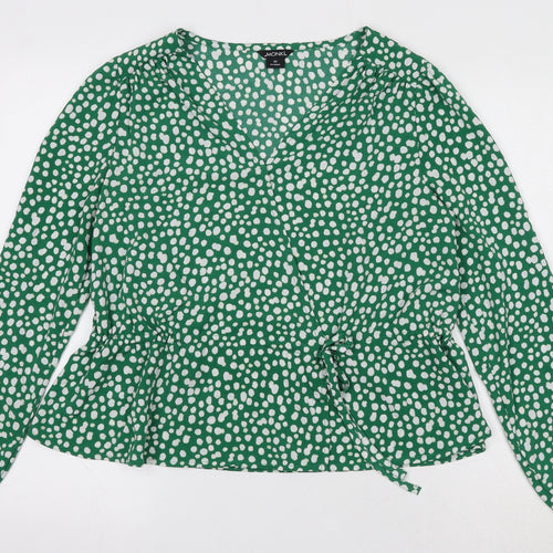 Monki Womens Green Animal Print Polyester Basic Blouse Size XS V-Neck - Spotted