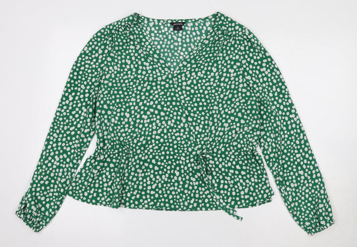 Monki Womens Green Animal Print Polyester Basic Blouse Size XS V-Neck - Spotted