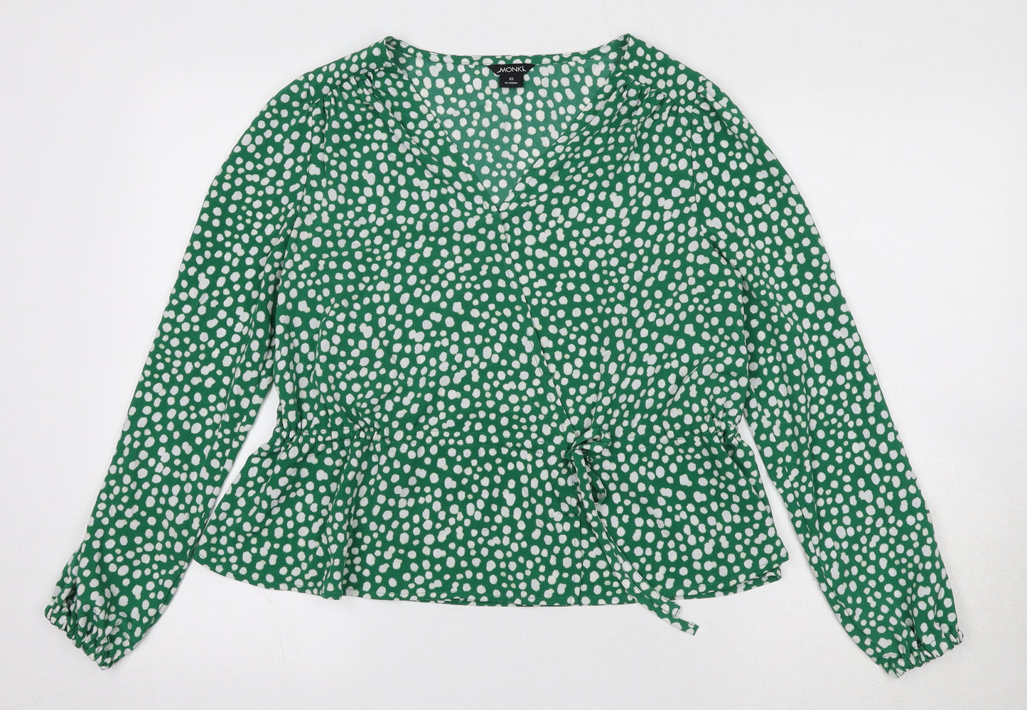 Monki Womens Green Animal Print Polyester Basic Blouse Size XS V-Neck - Spotted