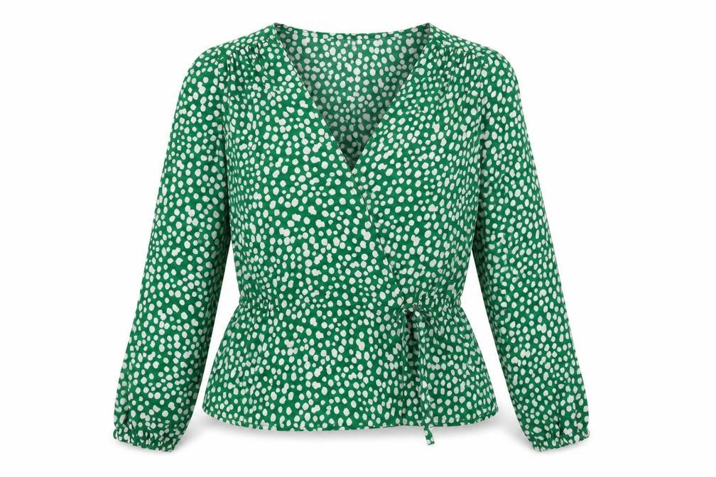 Front view of Monki women’s green animal print polyester basic blouse, size XS, v-neck - spotted