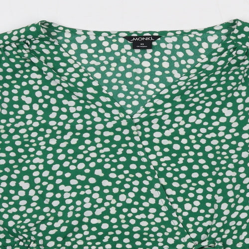Monki Womens Green Animal Print Polyester Basic Blouse Size XS V-Neck - Spotted