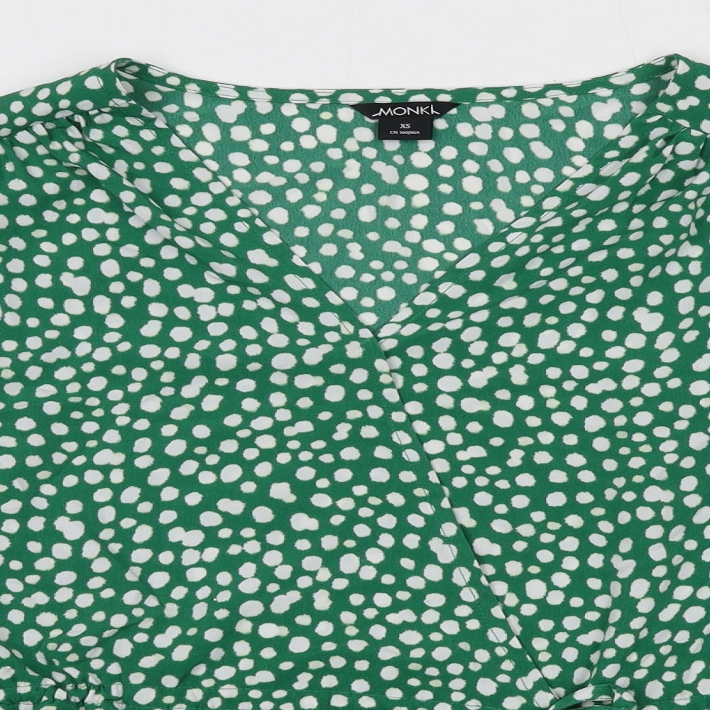 Monki Womens Green Animal Print Polyester Basic Blouse Size XS V-Neck - Spotted