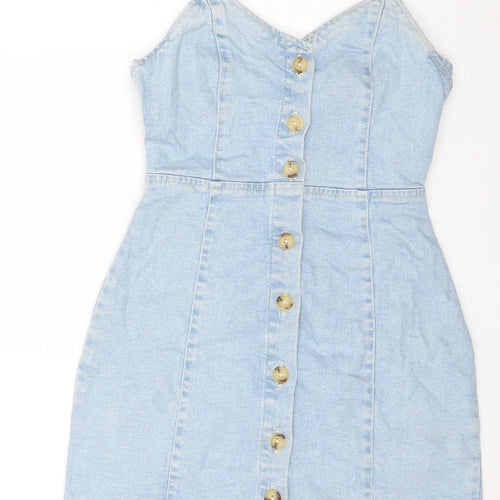 Zara Womens Blue Cotton Bodycon Size XS V-Neck Button