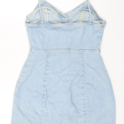 Zara Womens Blue Cotton Bodycon Size XS V-Neck Button
