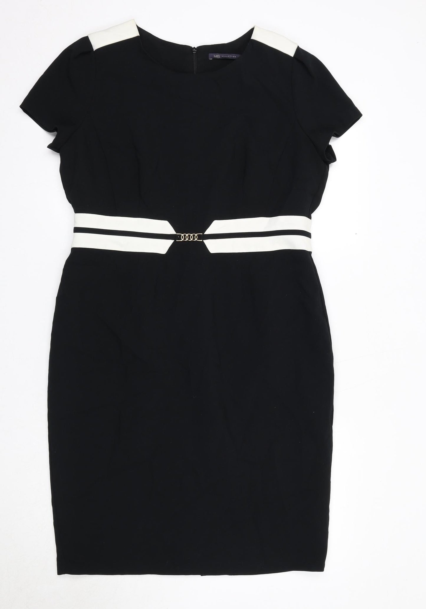Marks and Spencer Womens Black Polyester Shift Size 16 Boat Neck Zip