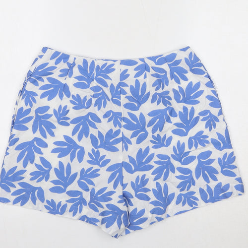 Marks and Spencer Womens Blue Geometric Cotton Basic Shorts Size 10 L14.5 in Regular Zip - Leaf Pattern