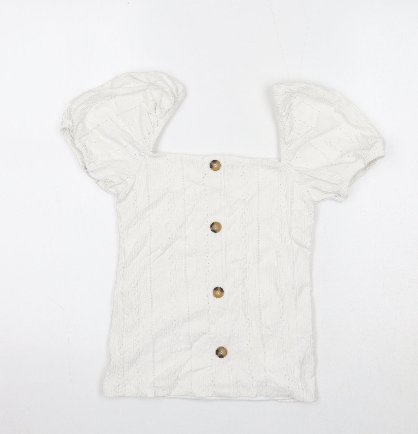 River Island Womens White Cotton Basic Blouse Size 6 Square Neck - Puff Sleeve