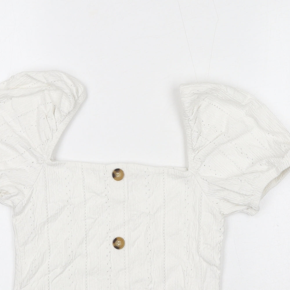 River Island Womens White Cotton Basic Blouse Size 6 Square Neck - Puff Sleeve