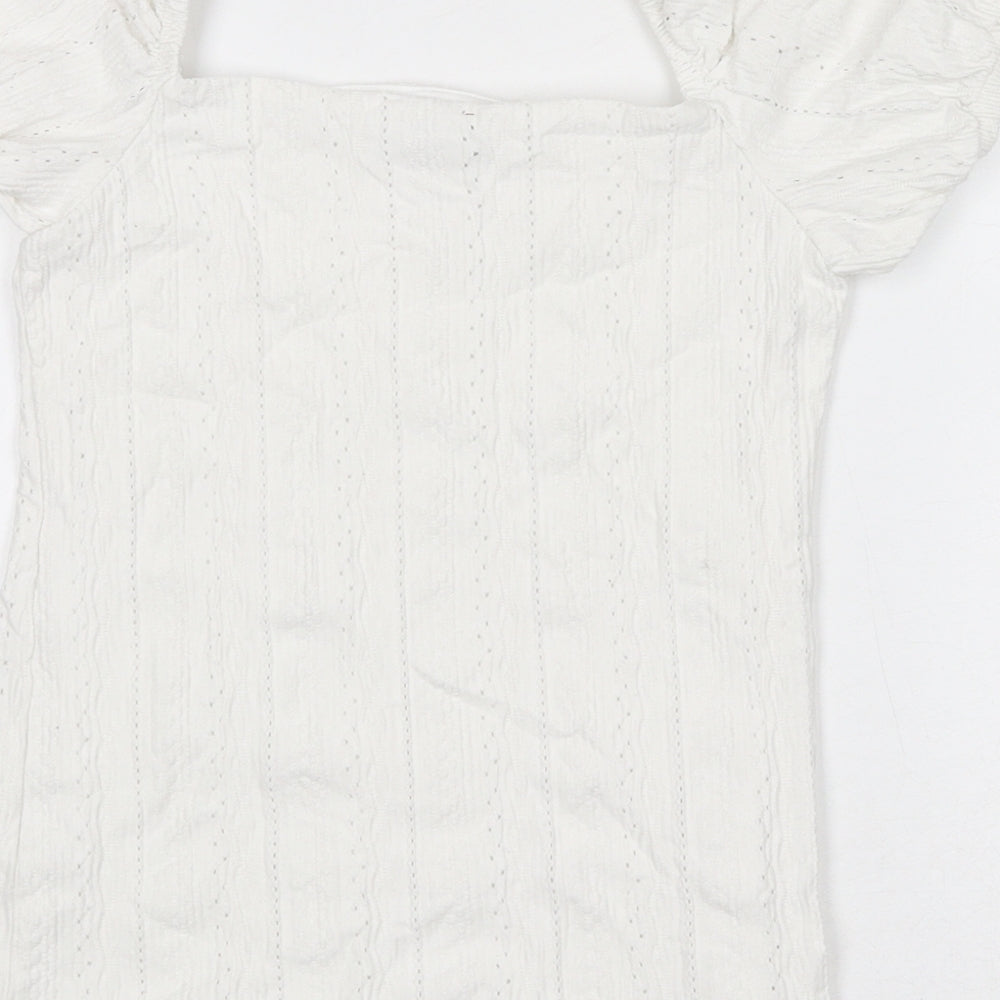 River Island Womens White Cotton Basic Blouse Size 6 Square Neck - Puff Sleeve