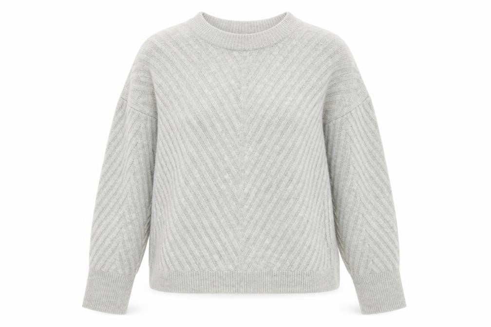 Front view of Marks & Spencer women’s grey round neck acrylic jumper, size XS