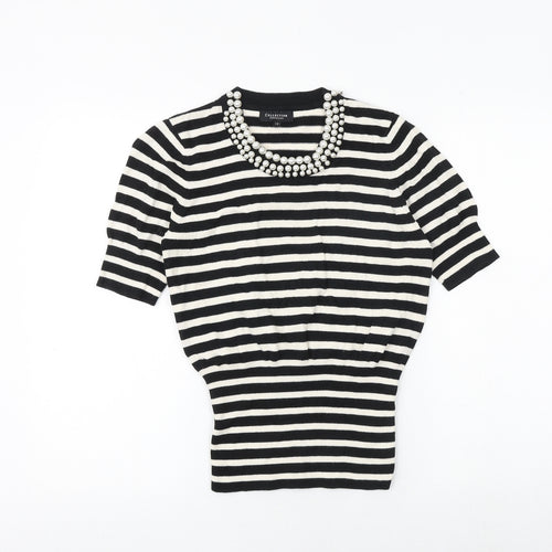 Debenhams Womens Black Round Neck Striped 100% Cotton Pullover Jumper Size 12