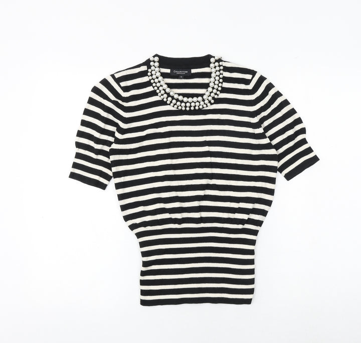 Debenhams Womens Black Round Neck Striped 100% Cotton Pullover Jumper Size 12