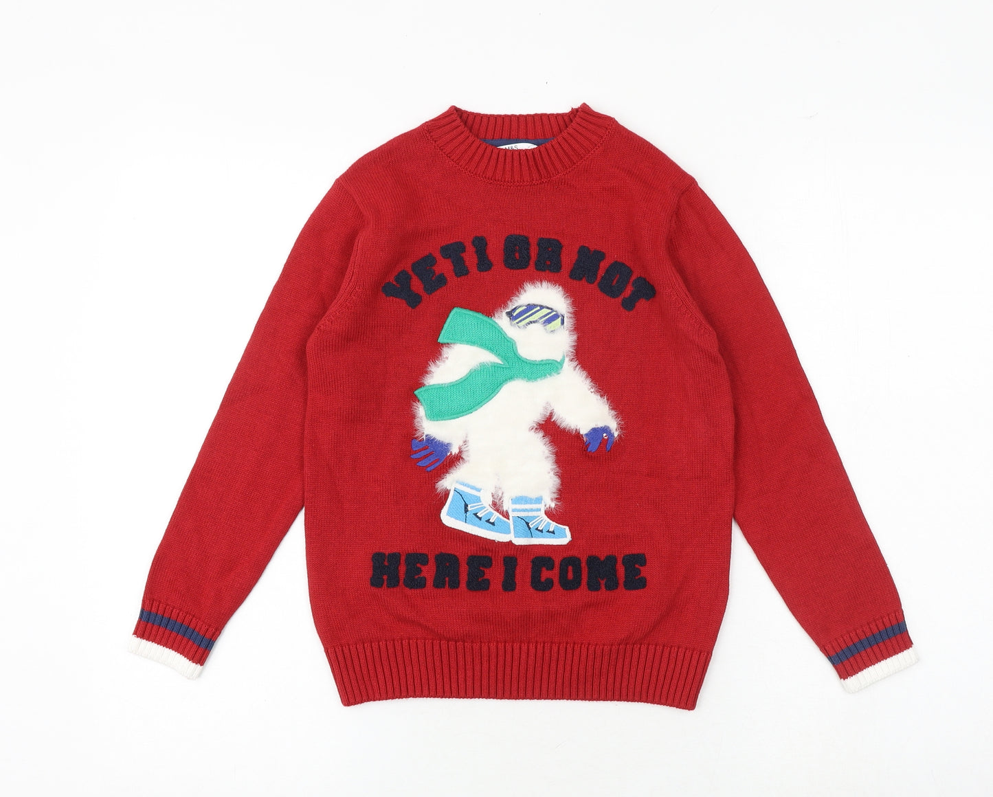 Marks and Spencer Boys Red Round Neck Acrylic Pullover Jumper Size 7-8 Years Pullover - Yeti Or Not Here I Come