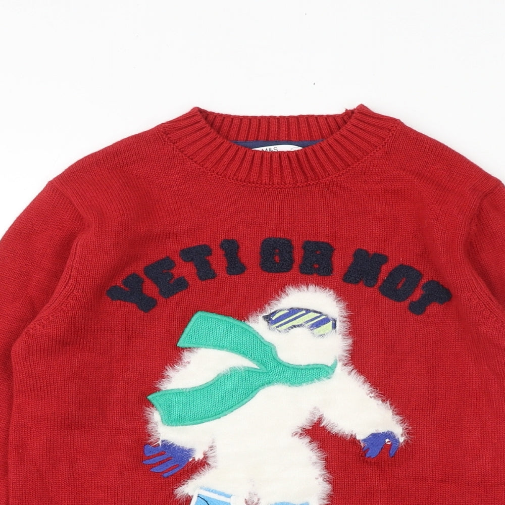Marks and Spencer Boys Red Round Neck Acrylic Pullover Jumper Size 7-8 Years Pullover - Yeti Or Not Here I Come