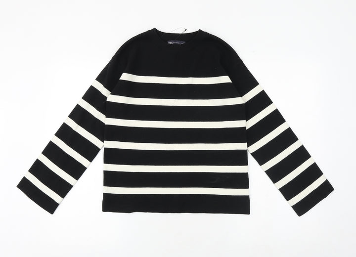 Marks and Spencer Womens Black Round Neck Striped Cotton Pullover Jumper Size S