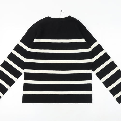 Marks and Spencer Womens Black Round Neck Striped Cotton Pullover Jumper Size S