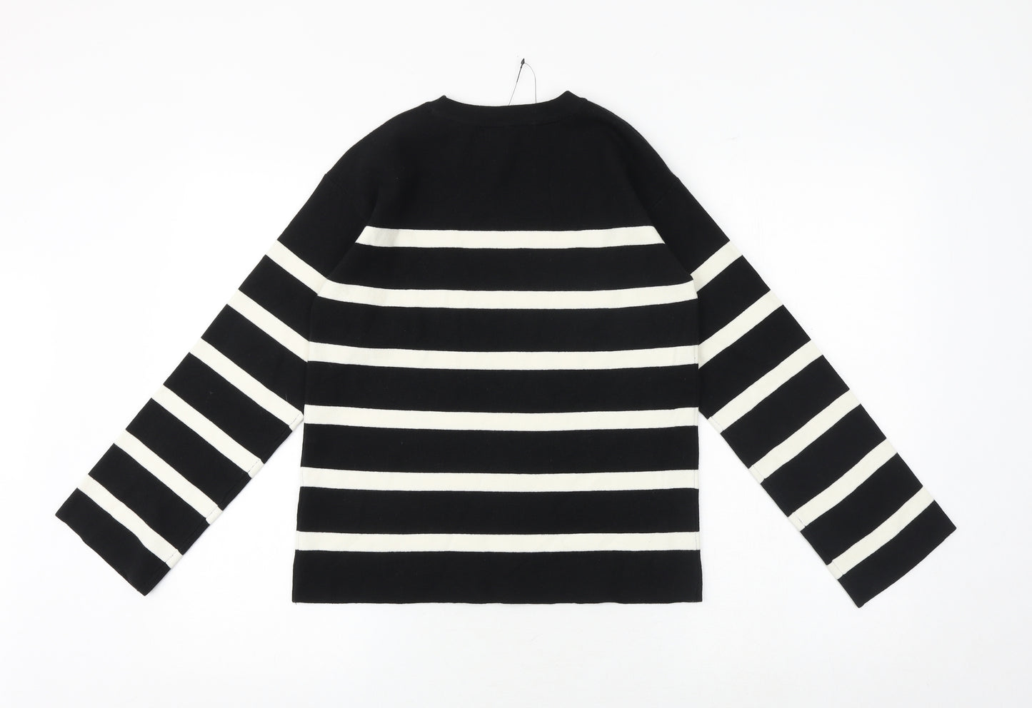 Marks and Spencer Womens Black Round Neck Striped Cotton Pullover Jumper Size S