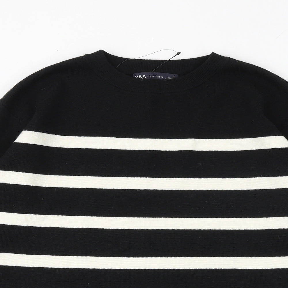 Marks and Spencer Womens Black Round Neck Striped Cotton Pullover Jumper Size S
