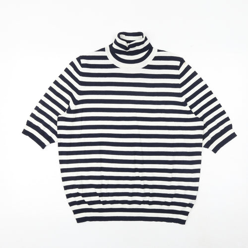 Marks and Spencer Womens Blue High Neck Striped Viscose Pullover Jumper Size 16