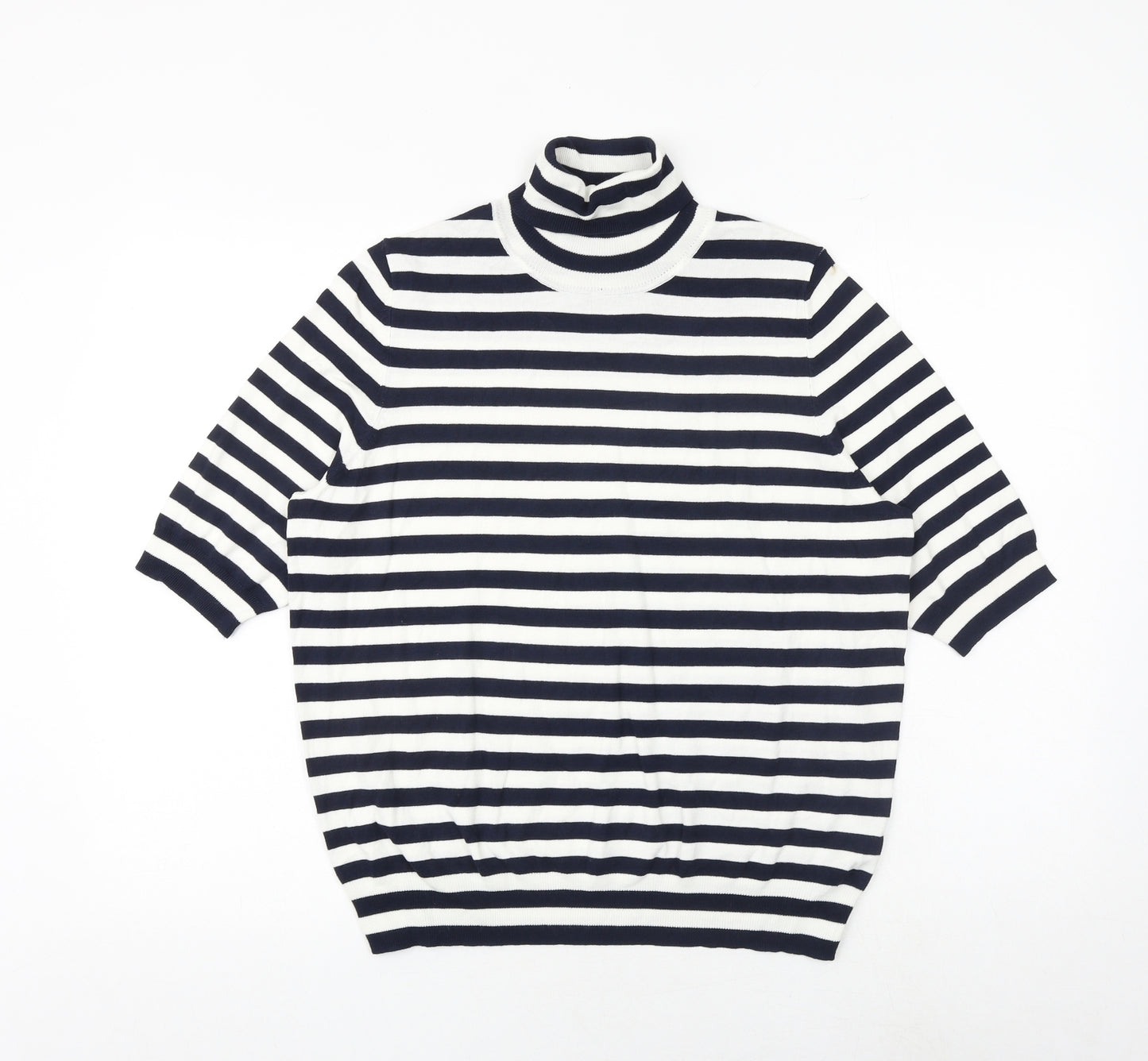 Marks and Spencer Womens Blue High Neck Striped Viscose Pullover Jumper Size 16
