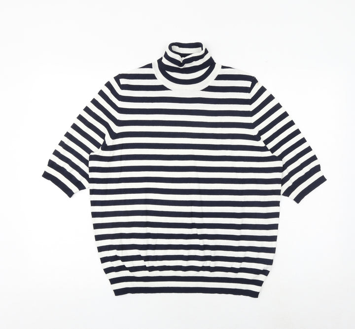 Marks and Spencer Womens Blue High Neck Striped Viscose Pullover Jumper Size 16
