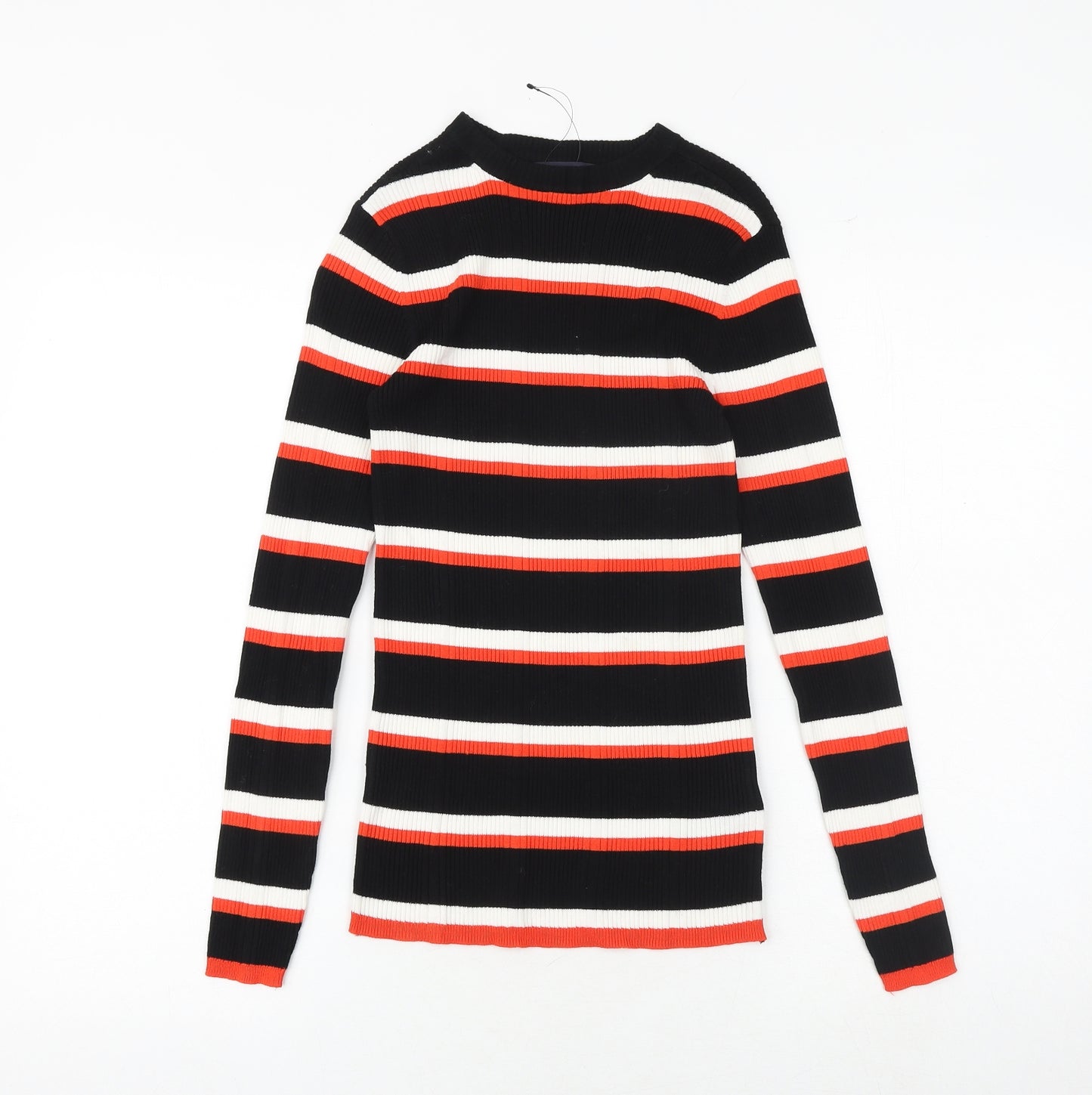 Marks and Spencer Womens Black Round Neck Striped Viscose Pullover Jumper Size 8