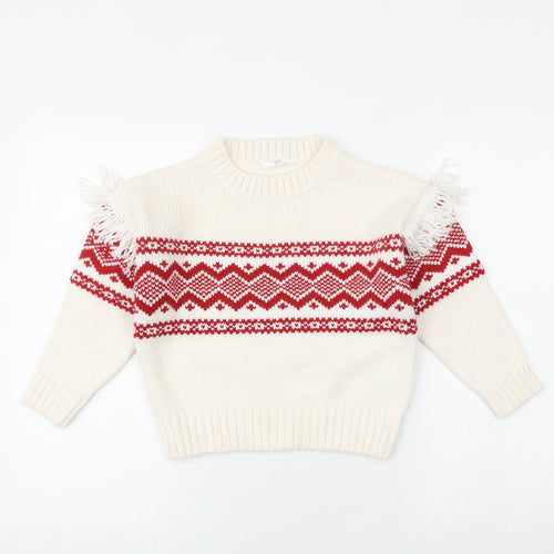 Marks and Spencer Girls Ivory Round Neck Geometric Acrylic Pullover Jumper Size 7-8 Years Pullover