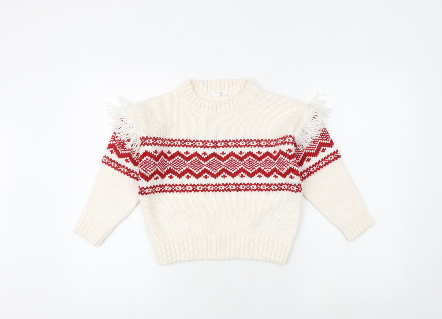 Marks and Spencer Girls Ivory Round Neck Geometric Acrylic Pullover Jumper Size 7-8 Years Pullover