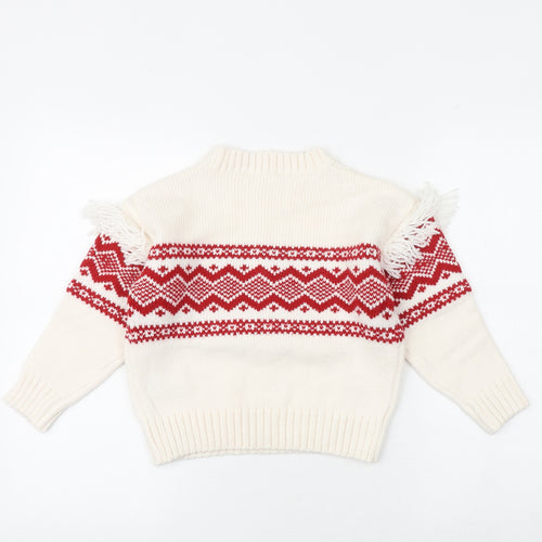 Marks and Spencer Girls Ivory Round Neck Geometric Acrylic Pullover Jumper Size 7-8 Years Pullover